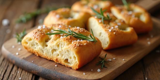 Sliced pieces of focaccia sprinkled with sea salt and rosemary sprigs on a wooden cutting board.