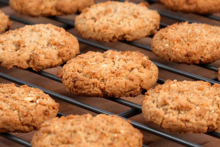 freshly baked homemade oatmeal cookies on a rack